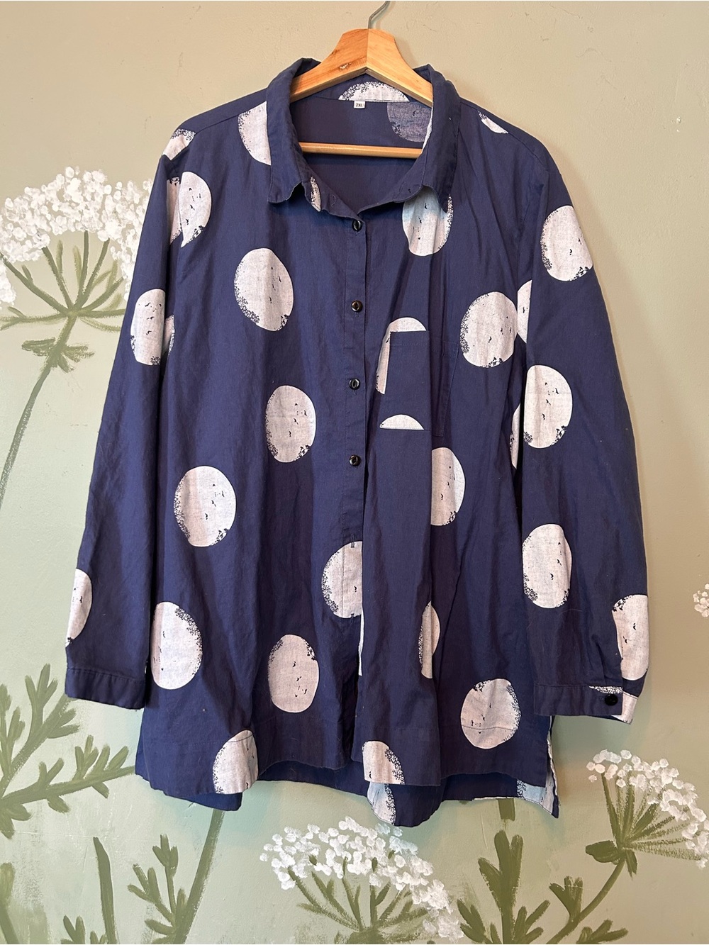 Navy Button-Up Shirt with Circle Block Print